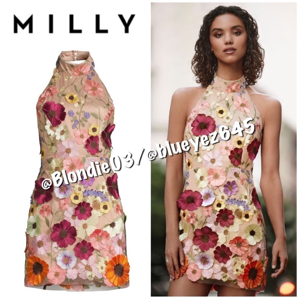 Milly Hariet Floral Appliqué Halter Minidress 6 NWT